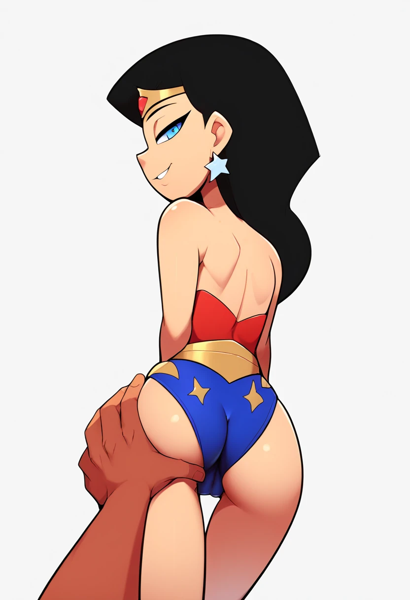 score_9, score_8_up, score_7_up, score_6_up, absurdres, best quality,  source_cartoon, simple background, portrait,  wwjl, 1girl, long hair, breasts, lipstick, black hair, bare shoulders, jewelry, earrings, lasso, lasso of truth, wonder woman, vambraces, strapless, boots, star, (symbol), red strapless top, pantsed, star print bottom pulled down, bare ass, annoyed, tiara, red footwear, bracer, star earrings, high heel boots, star print, rear view,  