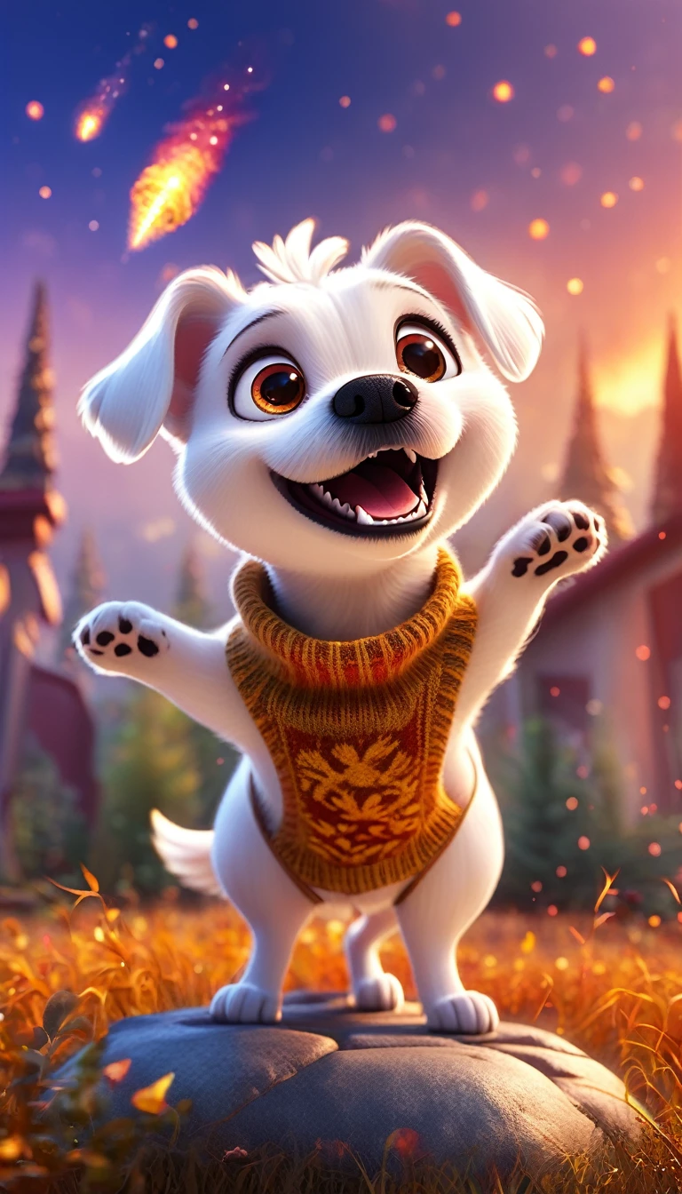 cute white dog, cartoon, meteor, fire sky,arms, sweater, cute eyes, looking at viewer, hands up, effects background, florest, particles,
