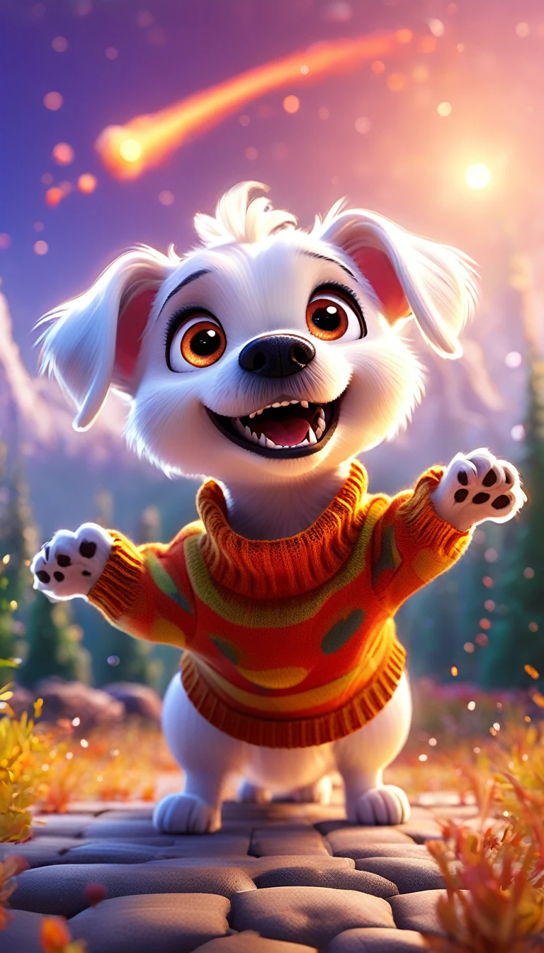 cute white dog, cartoon, meteor, fire sky,arms, sweater, cute eyes, looking at viewer, hands up, effects background, florest, particles,