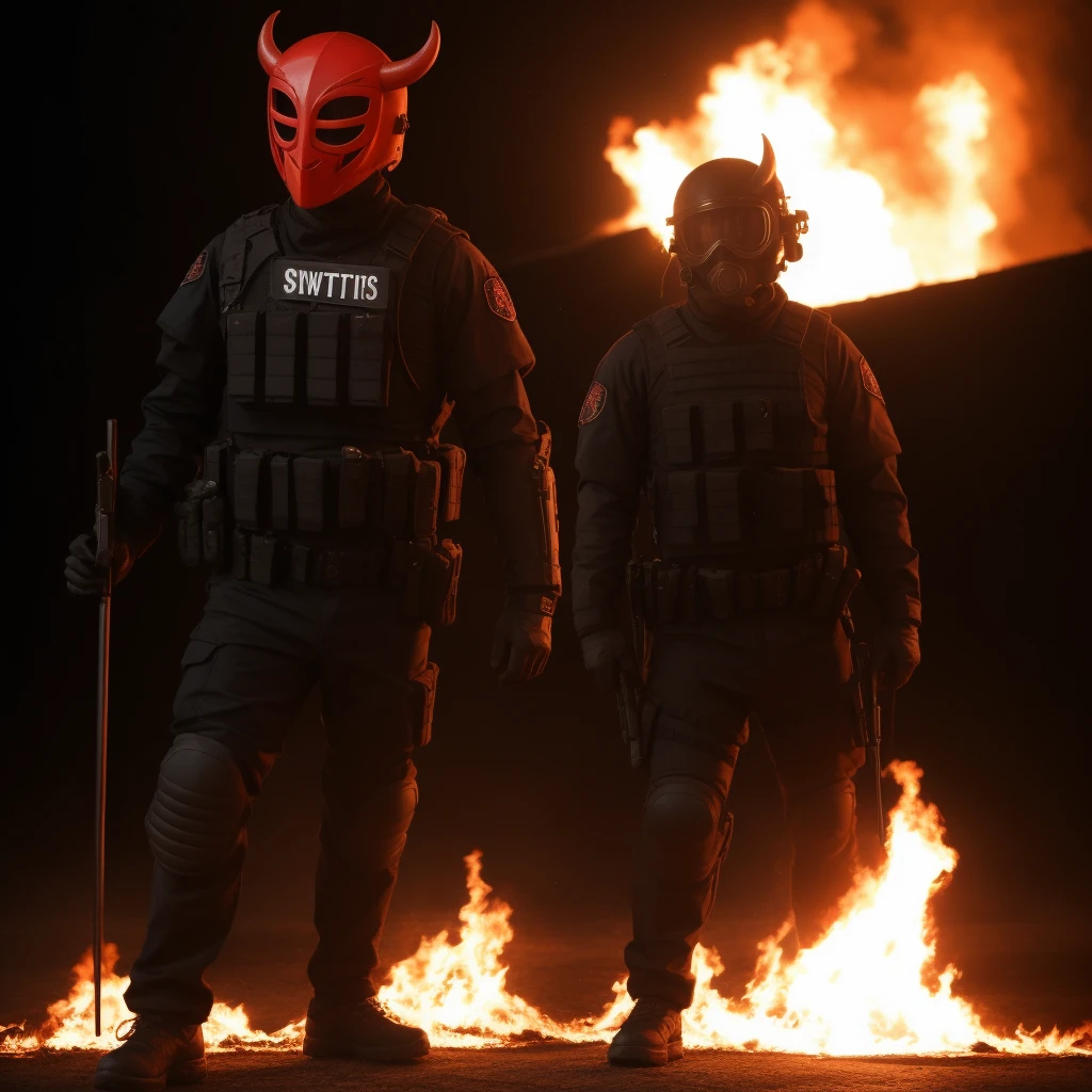 A picture of red devil mask with swat gear, fire background, standing menancing, best quality, hd, 4k