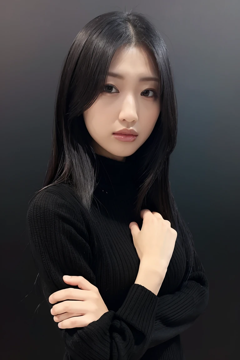 (Highest quality、Tabletop、8K、Best image quality、Award-winning works)、(The simplest pure black background:1.3)、(Expressionless:1.1)、(Black Long Sleeve Knit:1.1)、(Face close-up:1.1)、Straight Long Hair、Stand upright facing forward