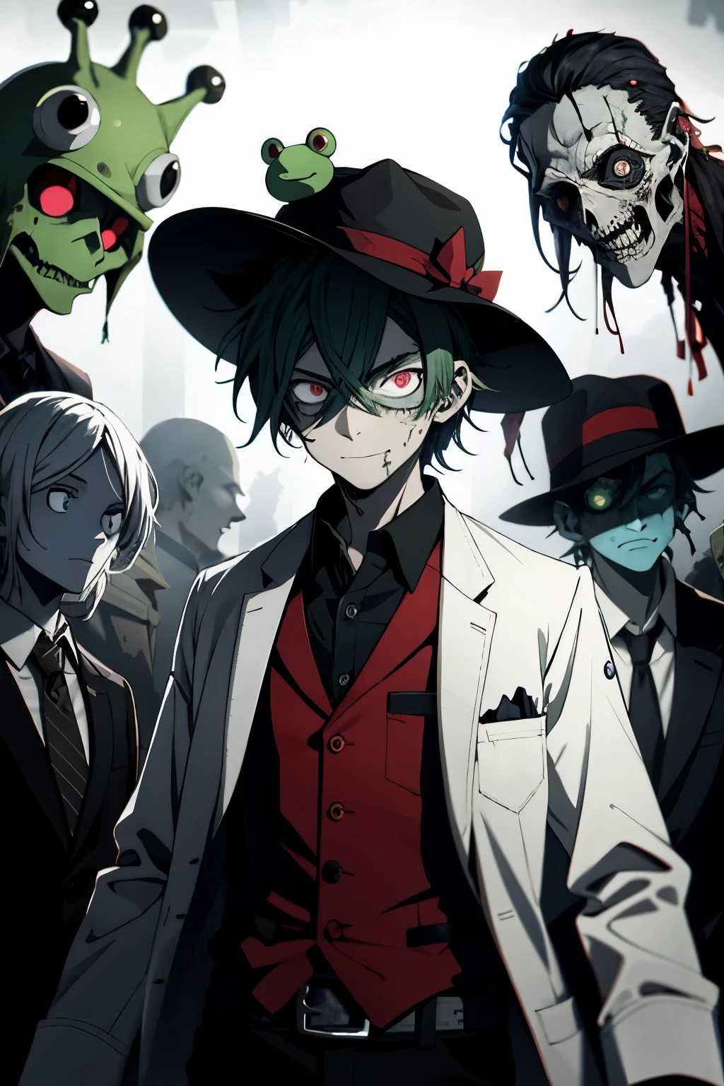 Boy with a distinctive frog-shaped hat, donning a scientist's lab coat, finds himself in the midst of an apocalyptic scene, engulfed by a horde of zombies – a stylish blend of science fiction and horror, reminiscent of anime. The boy's eyes, filled with determination and curiosity, shine brightly amidst the chaos. His lab coat, adorned with various scientific symbols, is the only splash of color among the decaying undead. The frog hat, an unusual accessory, adds a quirky charm to his otherwise serious appearance. The surrounding zombies, with their ghoulish features and disheveled clothing, create a sense of tension