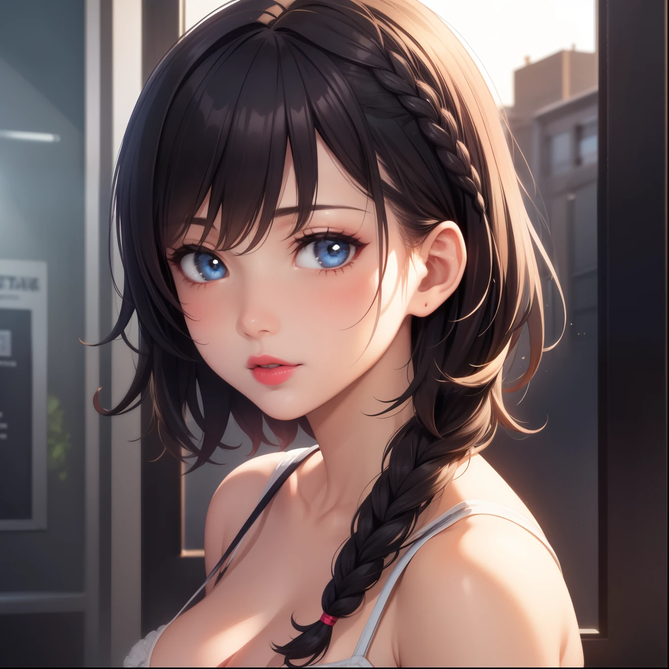 1girl, natural lighting, masterpiece, highly detailed, realistic, illustration, game cg, high quality, aichan, cleavage, short fluffy hair, lipstick, beautiful detailed eyes, detailed hair, side braid, head and shoulders