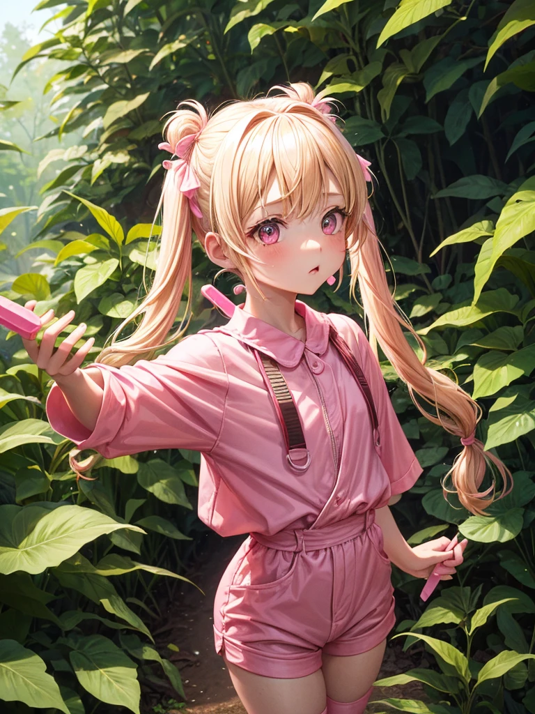 1 girl, two pigtails falling over her shoulders with pink rubber bands, blond hair, wearing a pink jumpsuit dress, cooling off with a chocolate popsicle, In a forest 