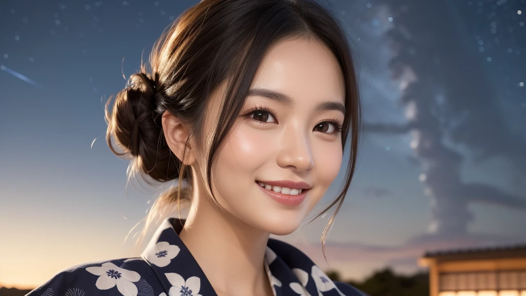 (1women), Updo hairstyle, (round eyes:1.2), (highly detailed face), (extremely detailed beautiful face), (smile happily), (floral pattern yukata), (Best Quality:1.4), (Ultra-detailed), extremely detailed CG unified 8k wallpaper, Realistic portrait, Beautiful detailed, High-definition raw color photos, professional photography, night sky, beautiful milky way, (fine face:1.2), focus on women, Tanabata, tanabata,