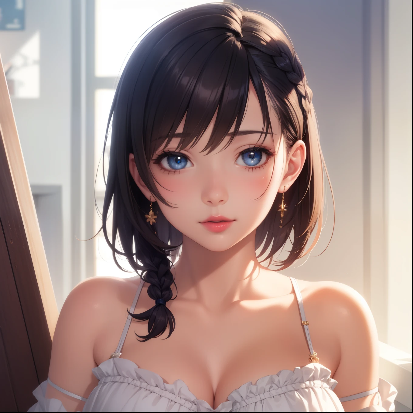 1girl, natural lighting, masterpiece, highly detailed, realistic, illustration, game cg, high quality, aichan, cleavage, short fluffy hair, lipstick, beautiful detailed eyes, detailed hair, side braid, head and shoulders