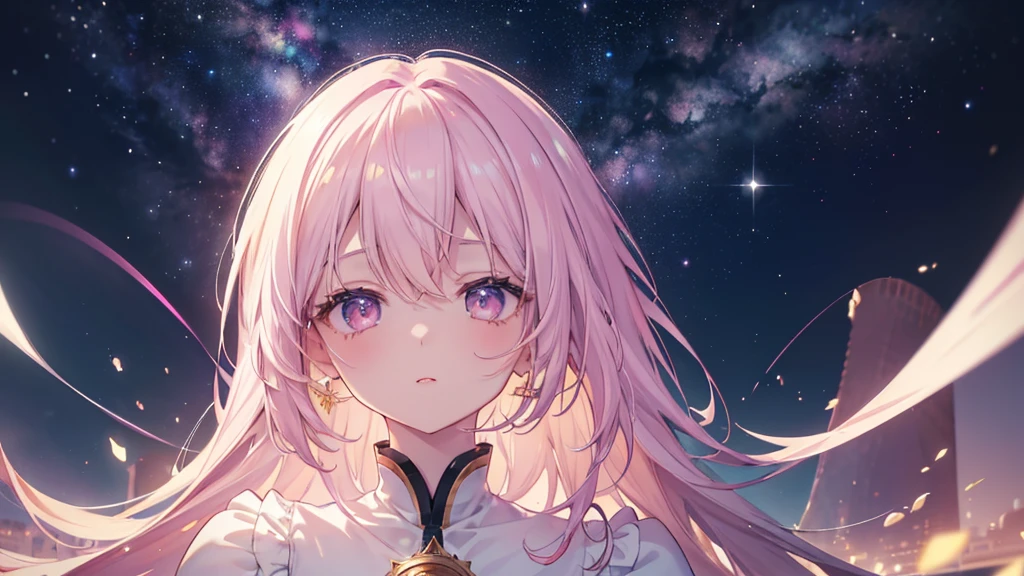 (((Highest quality、masterpiece、Ultra-fine、Ultra-fine、Exquisite、16K、Full HD,high school girl,))) 、(((Looking up))) 、Dark Eyes、Long eyelashes、White skin、(Pale pink lips、Pale pink cheeks、thin and long)、 ((cute)) ((One person)) 、((Glare)) 、Wide Shot、Space galaxy background、(A magnificent composition、epic proportion)、Dynamic lighting、、