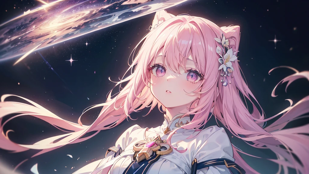 (((Highest quality、masterpiece、Ultra-fine、Ultra-fine、Exquisite、16K、Full HD,high school girl,))) 、(((Looking up))) 、Dark Eyes、Long eyelashes、White skin、(Pale pink lips、Pale pink cheeks、thin and long)、 ((cute)) ((One person)) 、((Glare)) 、Wide Shot、Space galaxy background、(A magnificent composition、epic proportion)、Dynamic lighting、、