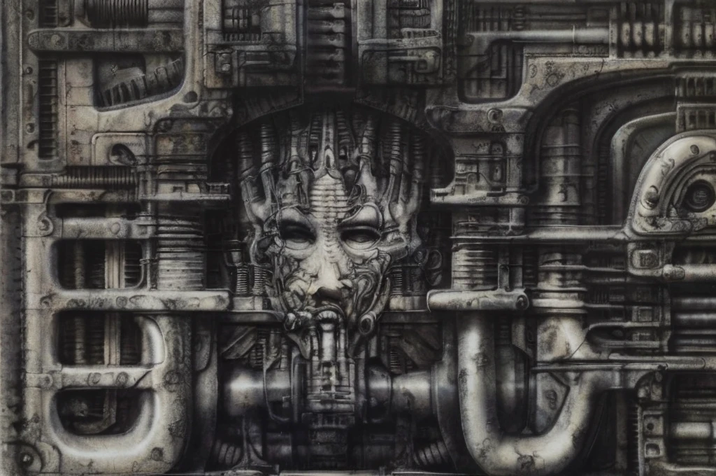 The image is a detailed view of H.R. Giger's \" Landscape XVI \" plate, featuring a complex network of bones and organs in a purple-brown hue ,swirling gray and brown colors. The artwork is silver and purplish brown, with an ivory bones prominently displayed. The image is highly detailed and intricate, almost like a 3d version of a medical sketch.
The piece is a tableau, most likely created with a India ink pen or pencil on paper, determined by the thin lines, shading techniques, and the texture of the paper, which is visible around the edges. Used is pen, given the shading and variations in line weight visible in the image. One have used a variety of pencils with different degrees of hardness to achieve the shading effects.
The style is clearly biomechanical. Features combination of organic and mechanical forms. Mechanical elements dominate the composition, there are subtle organic hints. The use of undersaturated purple-grays dark contrasts creates a stark and graphic look. Is used a variety of linework techniques to create different textures. Fine, parallel lines create a smooth, metallic texture,while thicker, more cursive lines suggest cables or wires. Machines fills most, with its central cylindric structure acting as the focal point. Parallel lines emanating from this central structure used to create a sense of depth and movement. Being overwhelmingly mechanical, there are subtle suggestions of organic forms.
The art performance showcases the artist’s skills in observation and rendering. The level of detail in the piece suggests a close study of real bone specimens and anatomy. The artist has skillfully used shading techniques to create a convincing illusion of three-dimensionality on a flat surface.The wrinkles and cracks in the surface, and the cast shadows with accuracy, used shading techniques to create a realistic depiction of light and shadow on the objects. This creates a sense of depth and dimension in the image. The artist has used careful linewor