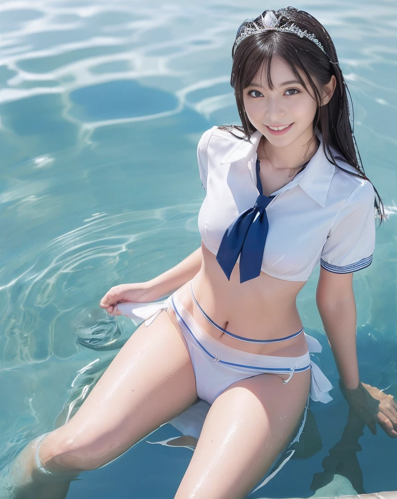 (NFSW)、(High resolution:1.5)、Highest quality,Very detailed,masterpiece,Super detailed,alone,(1 15 year old girl),((Summer School Uniforms:1.5)), Seraphim, ((skirt:1.5)),  smile, Thigh fetish images: 1.5、(((barefoot)))、(Her thighs and white bikini reflected in the clear blue water)、(reflected in water:1.5)、((I can see the white string panties:1.5))、(Cleavage)、((Clear blue seawater))、Summer sun、はしゃいだsmile、Beautiful Eyes、(pull-out-lift-panties:1.5)、Big necklace and tiara、The water is marine blue、