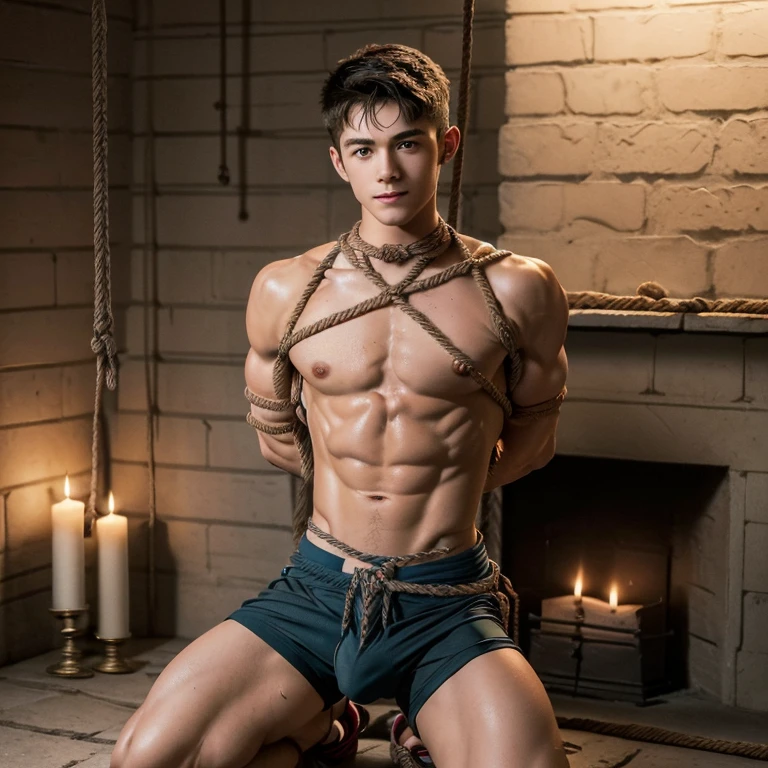  (((18 year old shirtless, very skinny twink))), fair hair, handsome face, smile (((wearing gym shorts))) biceps flexed, kneeling, ((((Trussed up completely with rope)))), ((((very tight rope crossed over chest)))),(((body in tight shibari ropes))) sweating, wet skin, in a dungeon with candles and a fireplace 
