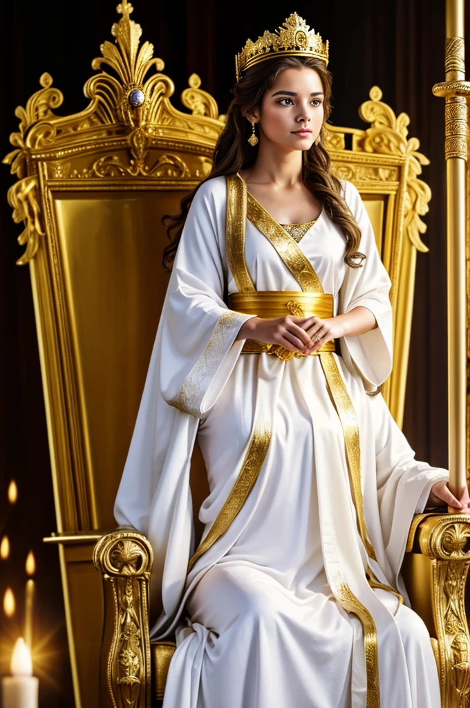 A princess with a golden crown on her head and sitting on a throne with her white robes and her golden sash and a staff in her hand