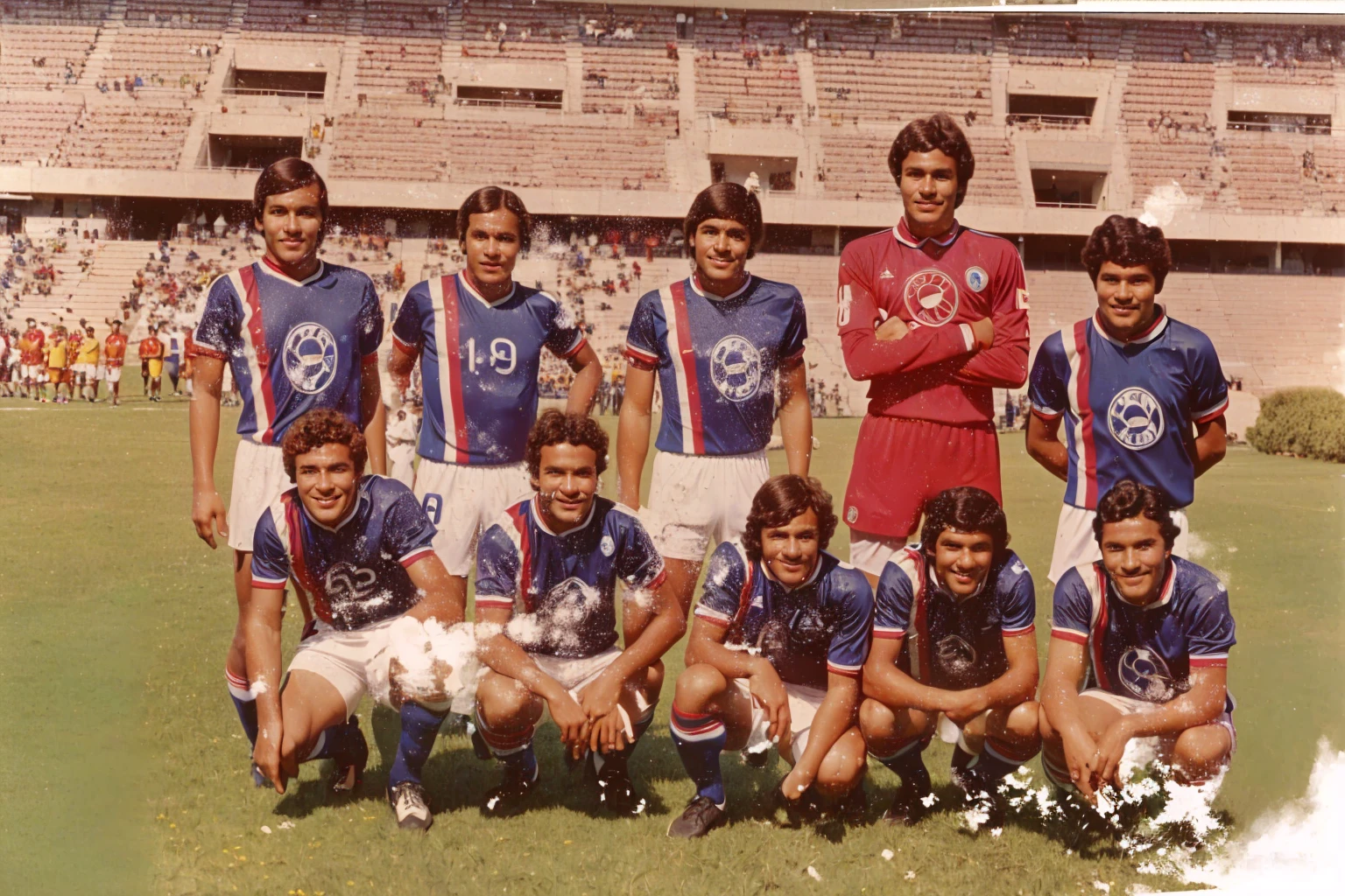 There are many men in soccer uniforms posing for a team photo., Colombia in the 60s, since 1977, taken in the late 1970s, Chile, photo from the 70s, photo from the 70s, on 1 9 8 5, old painting, old photo, late 1960s