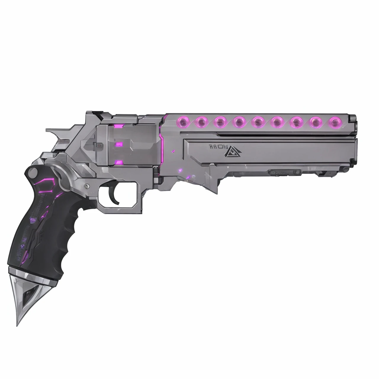 A futuristic handcannon, Revolver, handgun, gun, fun, scifi, LED lights, neon lights, chrome, silver, toxic pink, punk purple, deadly, pistol, item, weapon, highlights, etched, metal, cyberpunk, cylinder, high caliber revolver