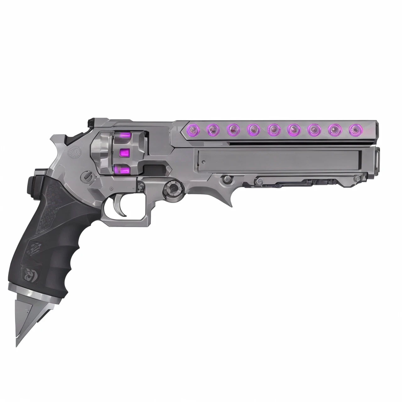 A futuristic handcannon, Revolver, handgun, gun, fun, scifi, LED lights, neon lights, chrome, silver, toxic pink, punk purple, deadly, pistol, item, weapon, highlights, etched, metal, cyberpunk, cylinder, high caliber revolver