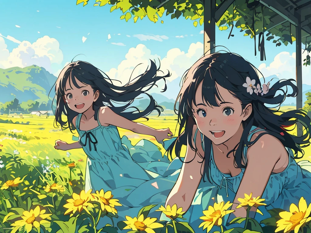 Reasonable design, Clear lines, High Sharpness, (Highest quality,8K,Perfect sharpness,Ultra fine,High resolution,masterpiece:1.2), Perfect Anatomy:1.5, Official Art, Illustrations that tell a story, (Whitish background:0. 9)、Body Positivity、多Mr.な身体表現、(Random and energetic poses)、Perfect beauty、Perfect beautiful face、Strong winds、A rich expression、Dynamic composition、smile、Golden ratio composition、colorful、((Mr.々Different angles and perspectives))、Anime Art、(Mini dress)、(Overcoming stereotypes)、 Glowing Skin、(Natural beauty)、smile、Bangs、(Soft and flowing hair)、(countryside)、(Nostalgic atmosphere)、Put up to your feet、(Playful and carefree)、(多Mr.な民族のキャラクター)、(innocent attitude)、(Sunny atmosphere)、(The skirt flutters wildly in the wind)、(Bright colors)、Beautiful Eyes、(Embarrassing)、Braided Hair、Summer Scene、Smiling among flowers