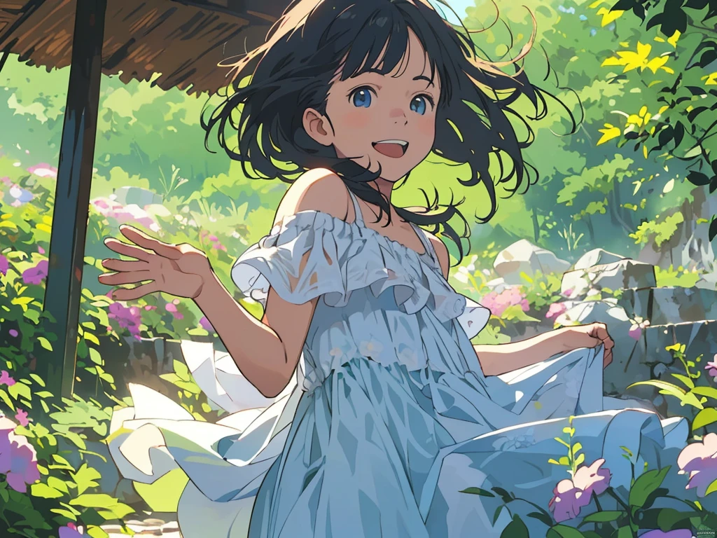 Reasonable design, Clear lines, High Sharpness, (Highest quality,8K,Perfect sharpness,Ultra fine,High resolution,masterpiece:1.2), Perfect Anatomy:1.5, Official Art, Illustrations that tell a story, (Whitish background:0. 9)、Body Positivity、多Mr.な身体表現、(Random and energetic poses)、Perfect beauty、Perfect beautiful face、Strong winds、A rich expression、Dynamic composition、smile、Golden ratio composition、colorful、((Mr.々Different angles and perspectives))、Anime Art、(Mini dress)、(Overcoming stereotypes)、 Glowing Skin、(Natural beauty)、smile、Bangs、(Soft and flowing hair)、(countryside)、(Nostalgic atmosphere)、Put up to your feet、(Playful and carefree)、(多Mr.な民族のキャラクター)、(innocent attitude)、(Sunny atmosphere)、(The skirt flutters wildly in the wind)、(Bright colors)、Beautiful Eyes、(Embarrassing)、Braided Hair、Summer Scene、Smiling among flowers