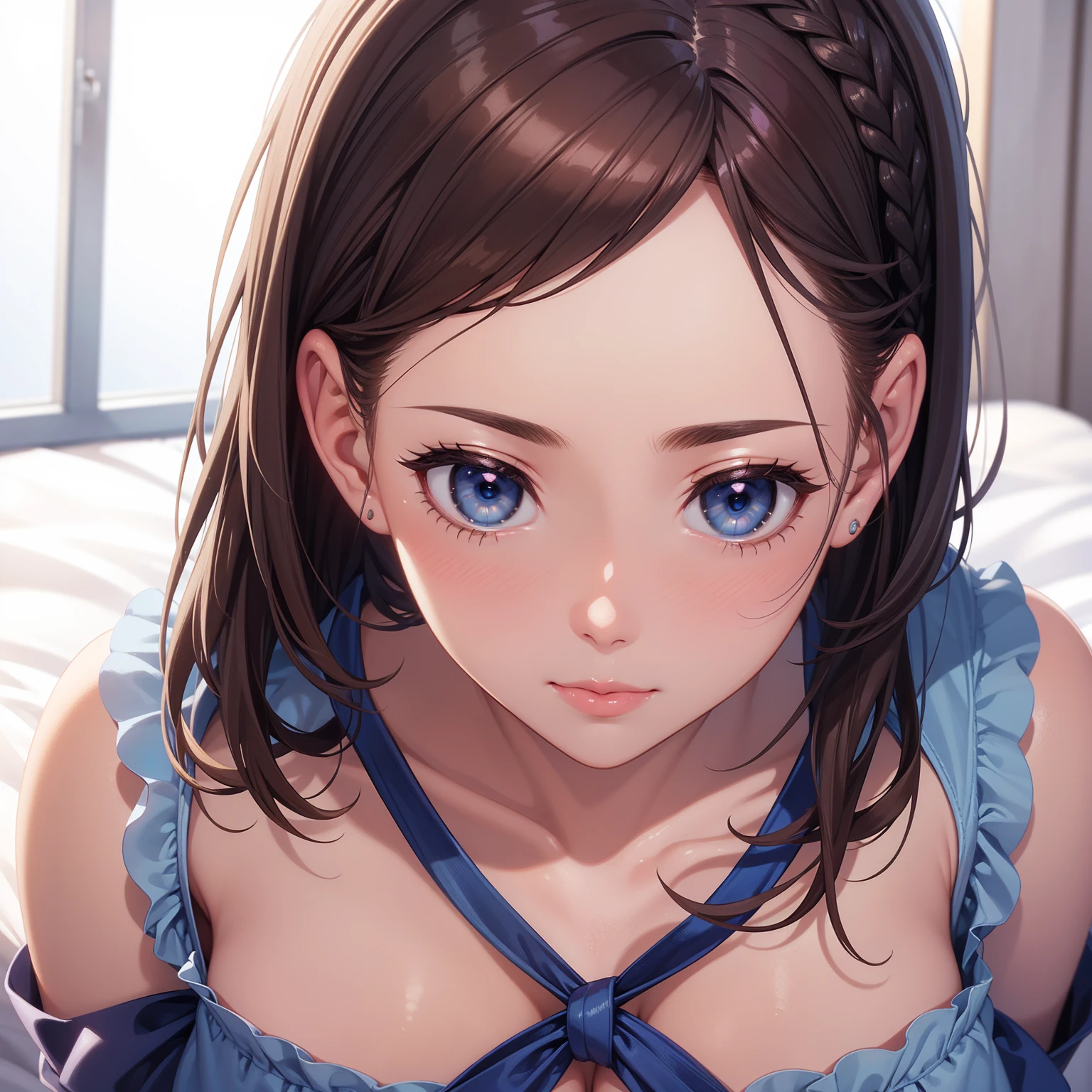 1girl, natural lighting, masterpiece, highly detailed, illustration, game CG, absurdres, high quality, glossy lips, aichan, large breasts, blue eyes, beautiful detailed eyes, short brown hair, side braid, close up