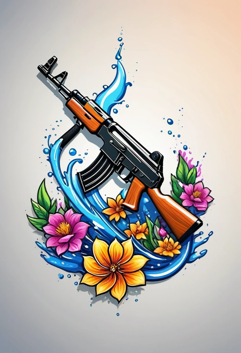 Create a high-quality logo for a clothing brand. The design of the logo should include an AK-47 assault rifle that is shooting a flower or a stream of water. The style of the logo should be modern and appealing, suitable for a fashion brand. The image must be sharp and detailed, with vibrant colors that catch the eye. Ensure that the AK-47 is well-defined and that the element being shot (water )is clearly visible and artistic. The logo should convey a blend of strength and peace, symbolizing the transformation of something violent into something beautiful and peaceful.

---

This prompt should provide a clear and detailed image of the logo you want to create.