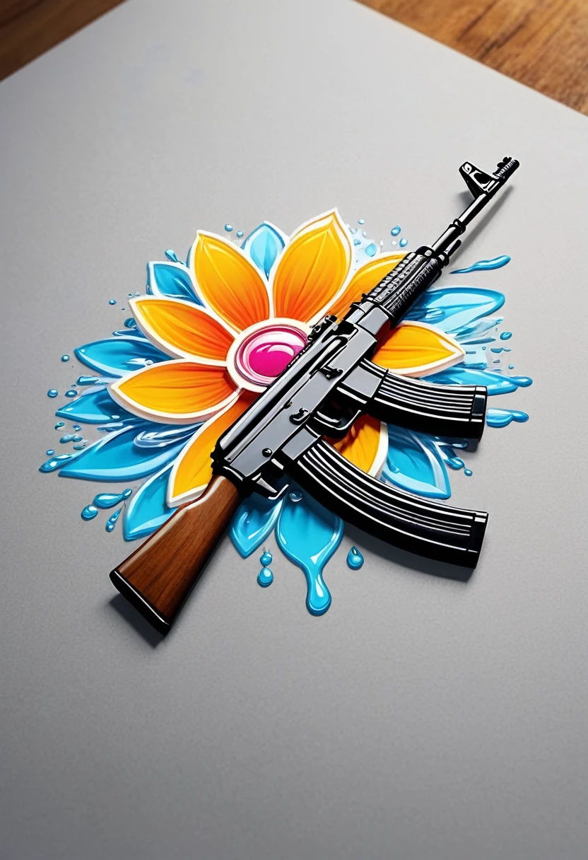 Create a high-quality logo for a clothing brand. The design of the logo should include an AK-47 assault rifle that is shooting a flower or a stream of water. The style of the logo should be modern and appealing, suitable for a fashion brand. The image must be sharp and detailed, with vibrant colors that catch the eye. Ensure that the AK-47 is well-defined and that the element being shot (water )is clearly visible and artistic. The logo should convey a blend of strength and peace, symbolizing the transformation of something violent into something beautiful and peaceful.

---

This prompt should provide a clear and detailed image of the logo you want to create.