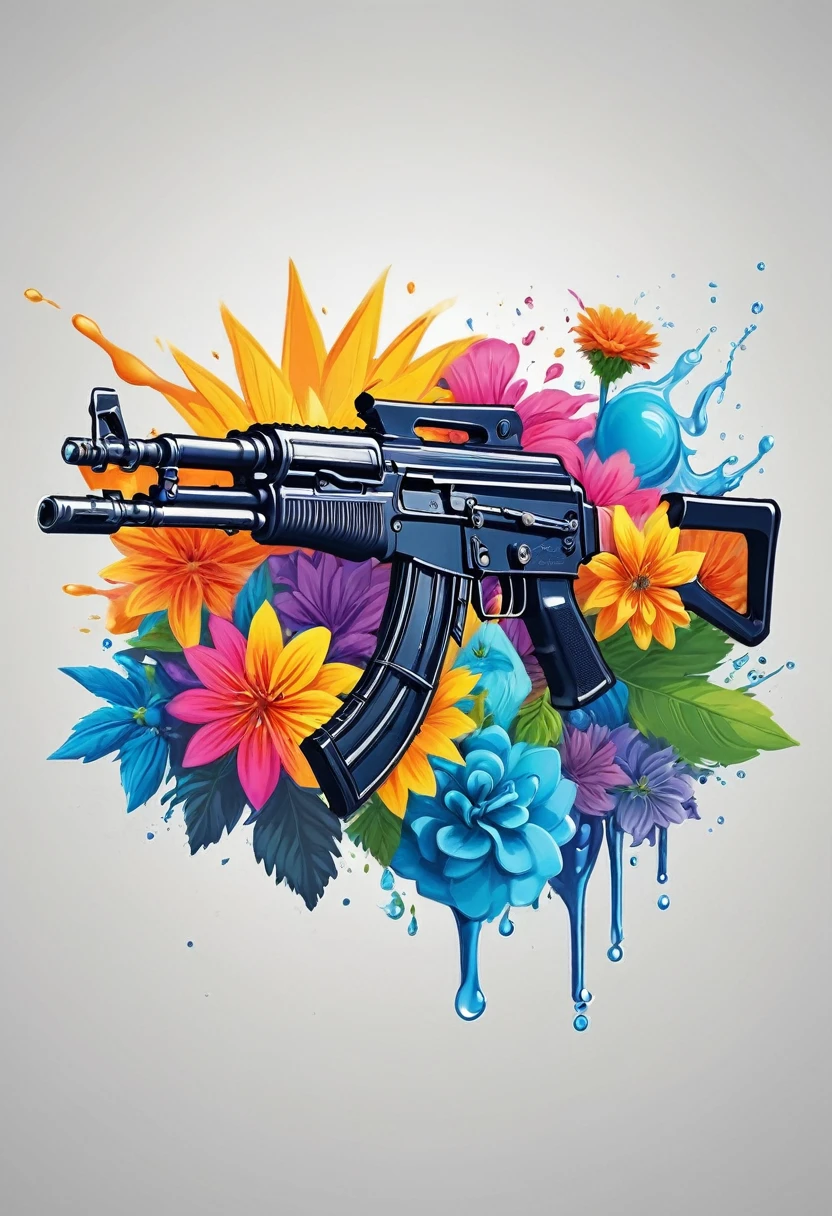 Create a high-quality logo for a clothing brand. The design of the logo should include an AK-47 assault rifle that is shooting a flower or a stream of water. The style of the logo should be modern and appealing, suitable for a fashion brand. The image must be sharp and detailed, with vibrant colors that catch the eye. Ensure that the AK-47 is well-defined and that the element being shot (water )is clearly visible and artistic. The logo should convey a blend of strength and peace, symbolizing the transformation of something violent into something beautiful and peaceful.
---
This prompt should provide a clear and detailed image of the logo you want to create.