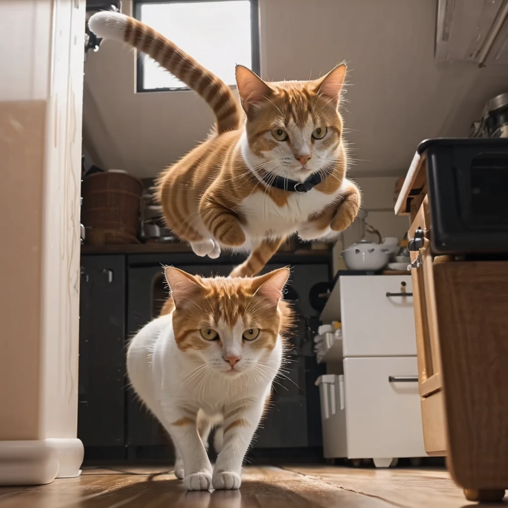 8 k realstic image, iphone, realstic minimal wallpapers, gold and white or orange and white cat realstic girl cat image. It's all dark. It has a light bulb hanging on a rope. A cocroaches scared of a girl cat and around that kitchen. Beneath it, a cat runs to catch it.