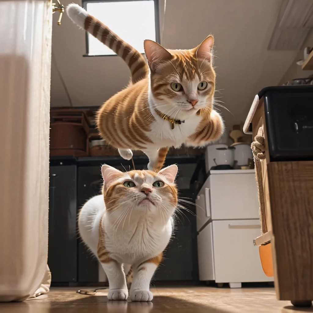 8 k realstic image, iphone, realstic minimal wallpapers, gold and white or orange and white cat realstic girl cat image. It's all dark. It has a light bulb hanging on a rope. A cocroaches scared of a girl cat and around that kitchen. Beneath it, a cat runs to catch it.