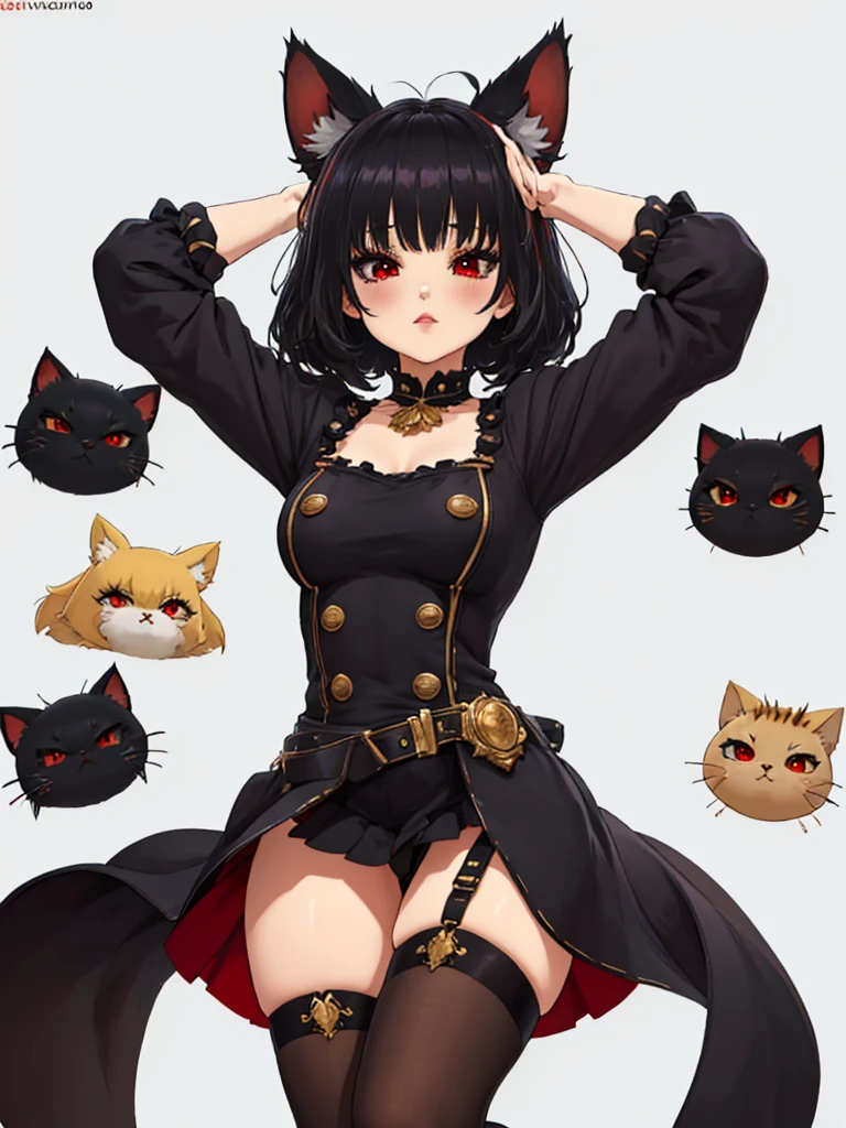 (Excellent quality, good detail, well detailed eyes, HD quality, 4k,) 1chica junkotvv, black hair with cat ears and red eyes with comfortable clothes, simple background , White background