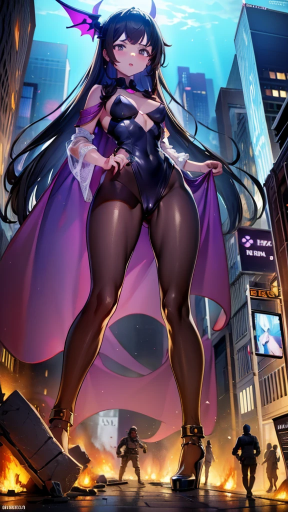 A colossal giantess succubus walks into a tiny city, breaking the floor and everything with her heels, she looks down and mocks you as you see him from below her tiny tits, full bodysuit  and long legs covered all in transparent pantyhose, look down, evil, better quality, close, photo under her, destruction, death tinys, tiny people, tiny humans, blood