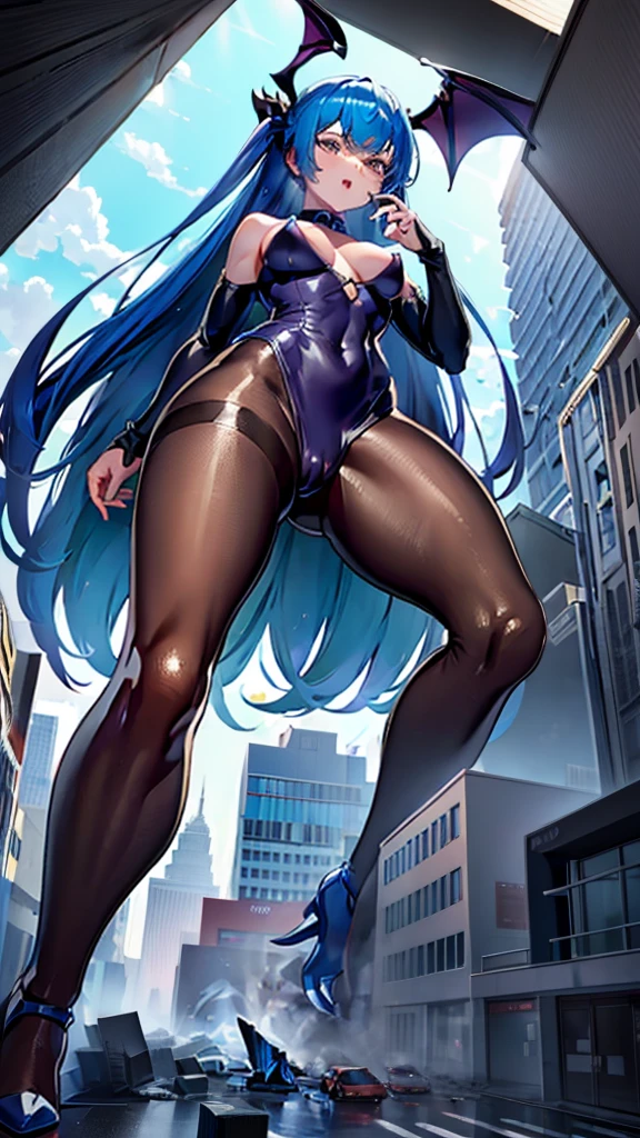 A colossal giantess succubus walks into a tiny city, breaking the floor and everything with her heels, she looks down and mocks you as you see him from below her tiny tits, full bodysuit  and long legs covered all in transparent pantyhose, look down, evil, better quality, close, photo under her, destruction, death tinys, tiny people, tiny humans, blood