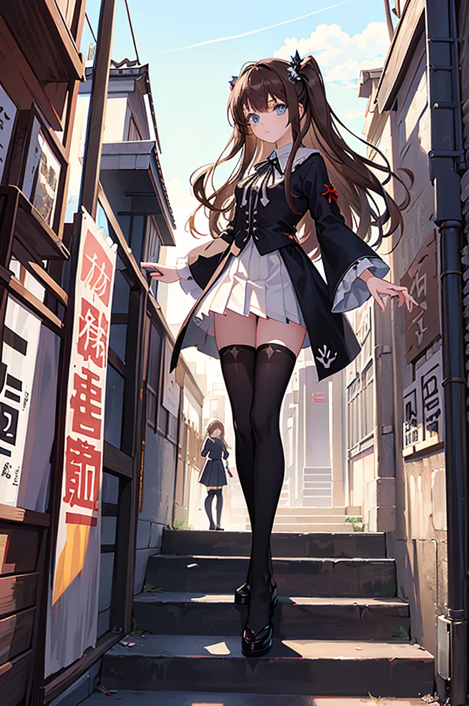 1girl, solo, outdoors, long hair, holy place, Original,(Illustration:1.1),(Best Quality),(masutepiece:1.1),(the Extremely Detailed CG Unity 8K Wallpapers:1.1), (Colorful:0.9),(mid-shot:0.95),(extremely detailed beautiful face),(Solo:1.2), (girl),(((Lori))), (Detailed beautiful eyes:1.15), (Beautiful face:1.15), (Glowing blue eyes:1.25////),(((Brown Long Hair))),(two side up),(+perfect hand+:1.21),(Draw illustration of Japan priestess costume),(slender),(White pleated skirt),(Gothic),((black thighhighs)),(frilld),(Beautiful Slender ta Girl),hallowween,standing, girl,10 yirl,