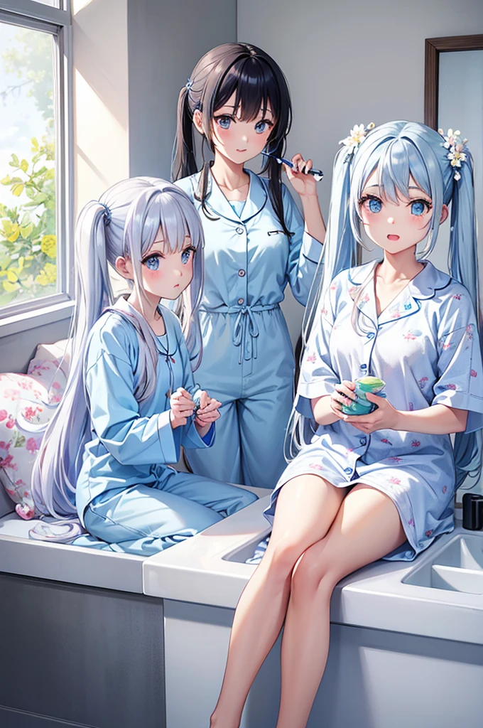 dentifrice Have a toothbrush Light blue long hair beautiful girl with twin tails Just woke up Bright, Sunny wash basin White floral pajamas、There are many flowers around