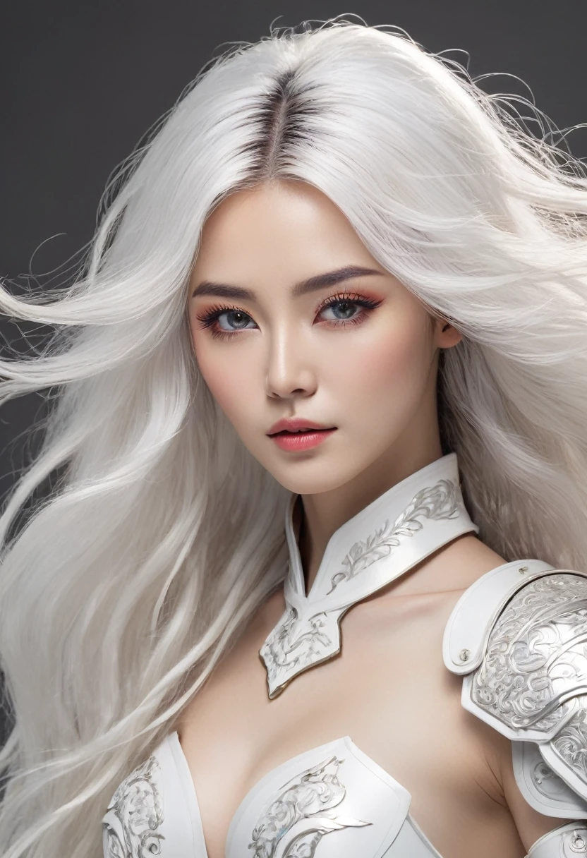 a young beautiful woman in white armor, long detailed hair, detailed facial features, beautiful eyes, nose, and lips, solo portrait, tokyo fashion style, kosmos, best quality, 8k, ultra-detailed, ultra high res, photo-realistic, dramatic lighting, vivid colors, intricate details