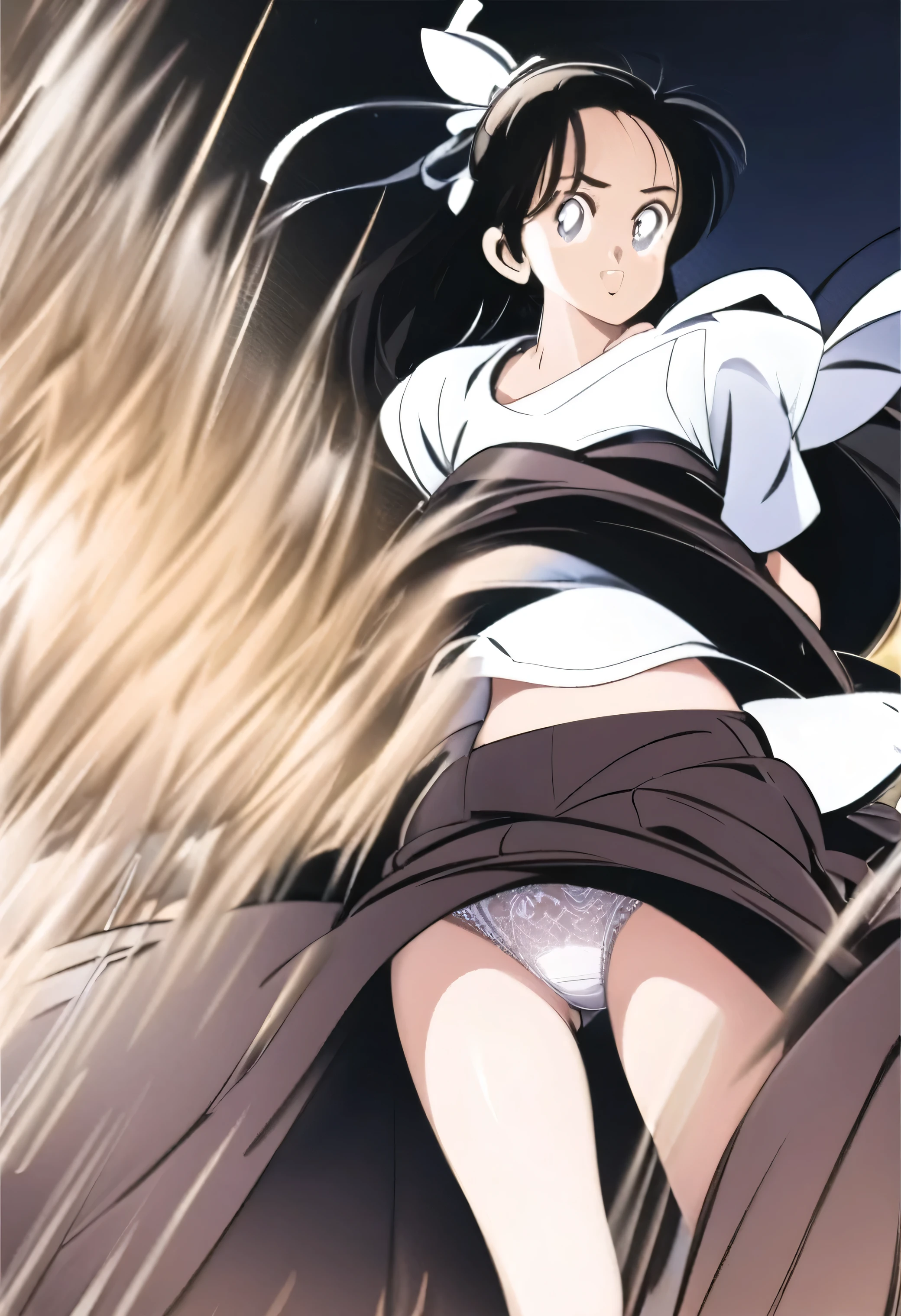 Kyoko OtonashiLow - Angle、
Low - Angle、Long skirt、Hold down your skirt that is being blown up by the strong wind、Anime white panties in a strong wind、Crotch is visible
ローレグのパンツ、Farbe: White、
Crotch is visible、
、Lined、White lace lining、