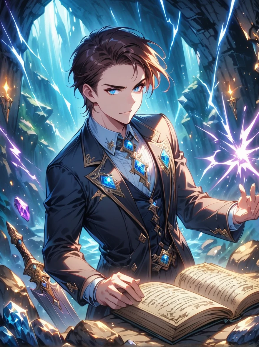 (((Dungeons & Dragons))),A glittering dragon's underground lair featuring an 1man wearing a black suit jacket, (shining lightning swords),magical spell books,scrolls, mysterious runes,rock walls, crystals, gemstones,intense blue eyes,captivating face,(short brown hair),dungeon lighting,caves,high fantasy