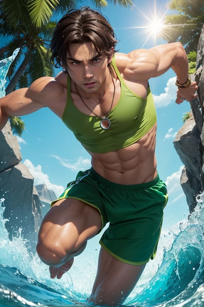 Create this character:
Appearance: Leo has dark brown hair, green eyes and sun-tanned skin. He is athletic and wears practical clothing that allows him to move quickly.. He wears a necklace with a green Power crystal.: 1. **Elemental Manipulation**: Leo can control the four elements of nature - earth, water, fire and air.