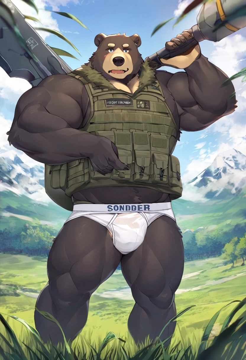 Black Bear，personification，Strong Man，Soldier vest，Tsundere expression，White sexy briefs，grassland。