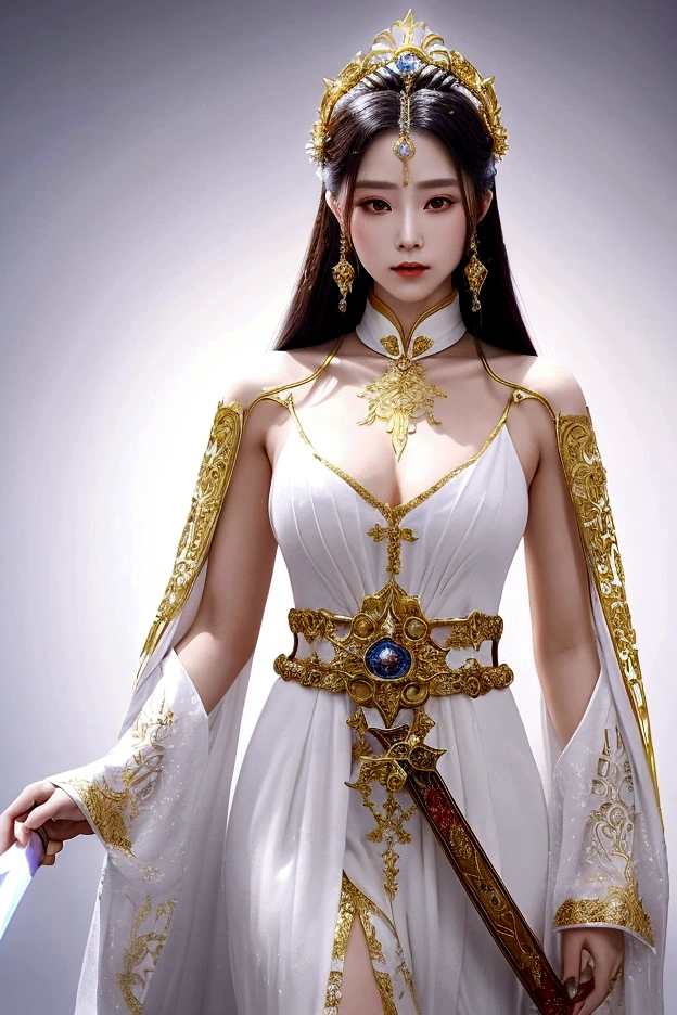 a woman in a white dress holding a sword, a beautiful fantasy empress, ((a beautiful fantasy empress)), goddess. extremely high detail, extremely detailed goddess shot, beautiful and elegant queen, white and gold priestess robes, a stunning portrait of a goddess, full body xianxia, No light