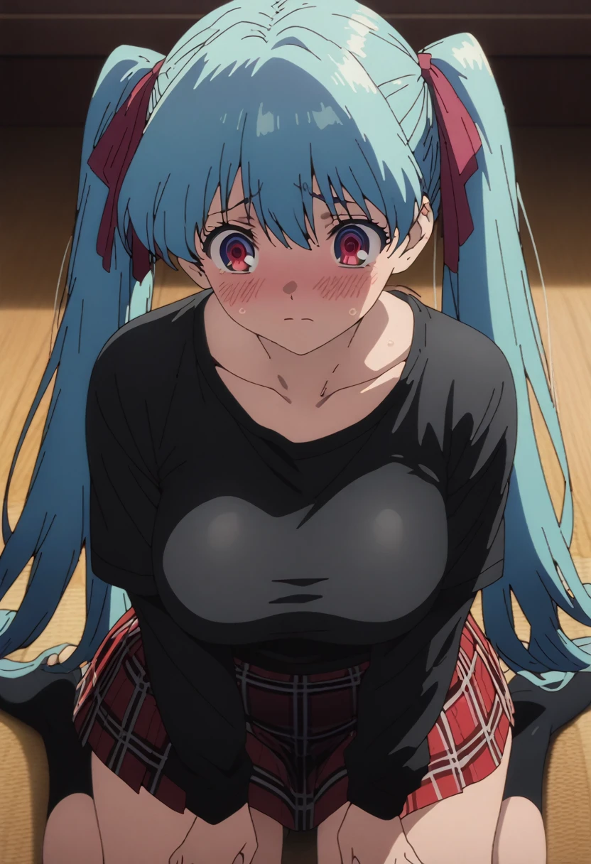 cel-shaded, 1990s anime, detailed, high quality, atmospheric, masterpiece, best quality, very aesthetic, absurdres, anime screencap, miku. 1girl, solo, red eyes, detailed eyes, blue hair, twintails, long twintails, hair ribbons, , miniskirt, plaid miniskirt, school shirt, indoors, curvy body, big breasts, blush, sad, cowboy shot, wariza, front view