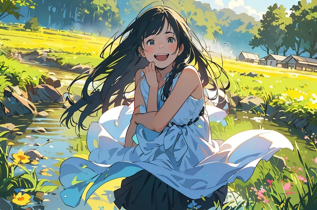 Reasonable design, Clear lines, High Sharpness, (Highest quality,8K,Perfect sharpness,Ultra fine,High resolution,masterpiece:1.2), Perfect Anatomy:1.5, Official Art, Illustrations that tell a story, (Whitish background:0. 9)、Body Positivity、多Mr.な身体表現、(Random and energetic poses)、Perfect beauty、Perfect beautiful face、Strong winds、A rich expression、Dynamic composition、smile、Golden ratio composition、colorful、((Mr.々Different angles and perspectives))、Anime Art、(Mini dress)、(Overcoming stereotypes)、 Glowing Skin、(Natural beauty)、smile、Bangs、(Soft and flowing hair)、(countryside)、(Nostalgic atmosphere)、Put up to your feet、(Playful and carefree)、(多Mr.な民族のキャラクター)、(innocent attitude)、(Sunny atmosphere)、(The skirt flutters wildly in the wind)、(Bright colors)、Beautiful Eyes、(Embarrassing)、Braided Hair、Summer Scene、Smiling among flowers