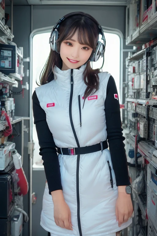 masterpiece, Highest quality, Very detailed, 8K Portrait,Japanese Android Girl,plump , Control panel,Robotic arms and legs, Blunt bangs,,break (Metallic Gray, Metallic luster, Mirror finish, Astro Best):5,headphone:5,break (Black sleeves):100,Smart Watches,Futuristic space station,Control Room,break headphone,blue eyes,(Black Hair):2,(Long Hair):1.3,Displaying the viewer,(respirator),break blush:3,Hidden Hand,smile
