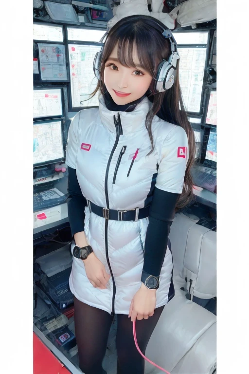 masterpiece, Highest quality, Very detailed, 8K Portrait,Japanese Android Girl,plump , Control panel,Robotic arms and legs, Blunt bangs,,break (Metallic Gray, Metallic luster, Mirror finish, Astro Best):5,headphone:5,break (Black sleeves):100,Smart Watches,Futuristic space station,Control Room,break headphone,blue eyes,(Black Hair):2,(Long Hair):1.3,Displaying the viewer,(respirator),break blush:3,Hidden Hand,smile