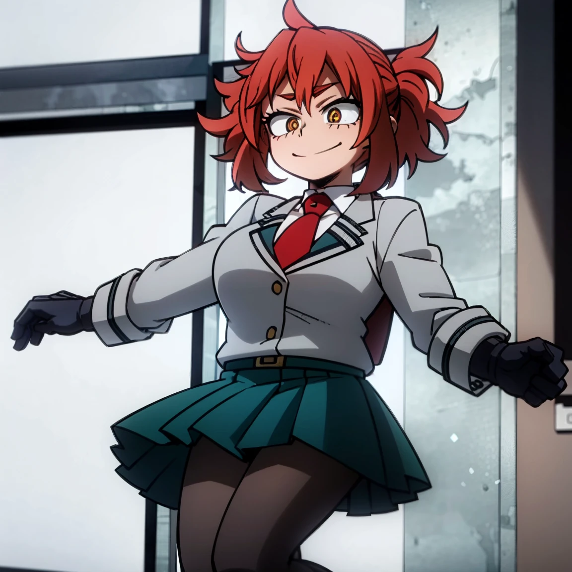 1girl, female focus, big breasts, curly pigtails hair, red hair, brown eyes, smirk, gray jacket, red tie, white shirt, teal skirt, gray tights, boots