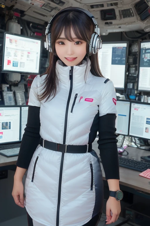 masterpiece, Highest quality, Very detailed, 8K Portrait,Japanese Android Girl,plump , Control panel,Robotic arms and legs, Blunt bangs,,break (Metallic Gray, Metallic luster, Mirror finish, Astro Best):5,headphone:5,break (Black sleeves):100,Smart Watches,Futuristic space station,Control Room,break headphone,blue eyes,(Black Hair):2,(Long Hair):1.3,Displaying the viewer,(respirator),break blush:3,Hidden Hand,smile