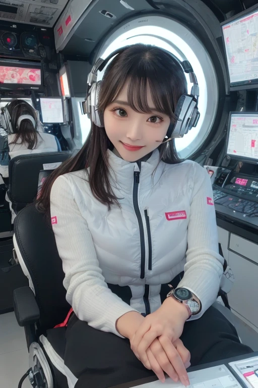 masterpiece, Highest quality, Very detailed, 8K Portrait,Japanese Android Girl,plump , Control panel,Robotic arms and legs, Blunt bangs,,break (Metallic Gray, Metallic luster, Mirror finish, Astro Best):5,headphone:5,break (Black sleeves):100,Smart Watches,Futuristic space station,Control Room,break headphone,blue eyes,(Black Hair):2,(Long Hair):1.3,Displaying the viewer,(respirator),break blush:3,Hidden Hand,smile