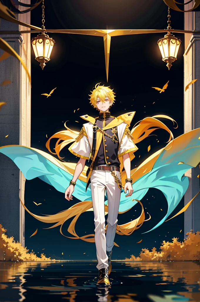 1 boy,cool guy,Yellow-haired,comma hair,Forehead comma hair,fantasy clothes style,Shiny,red eyes,looking at viewert,full body,upper body,dinamic angle,