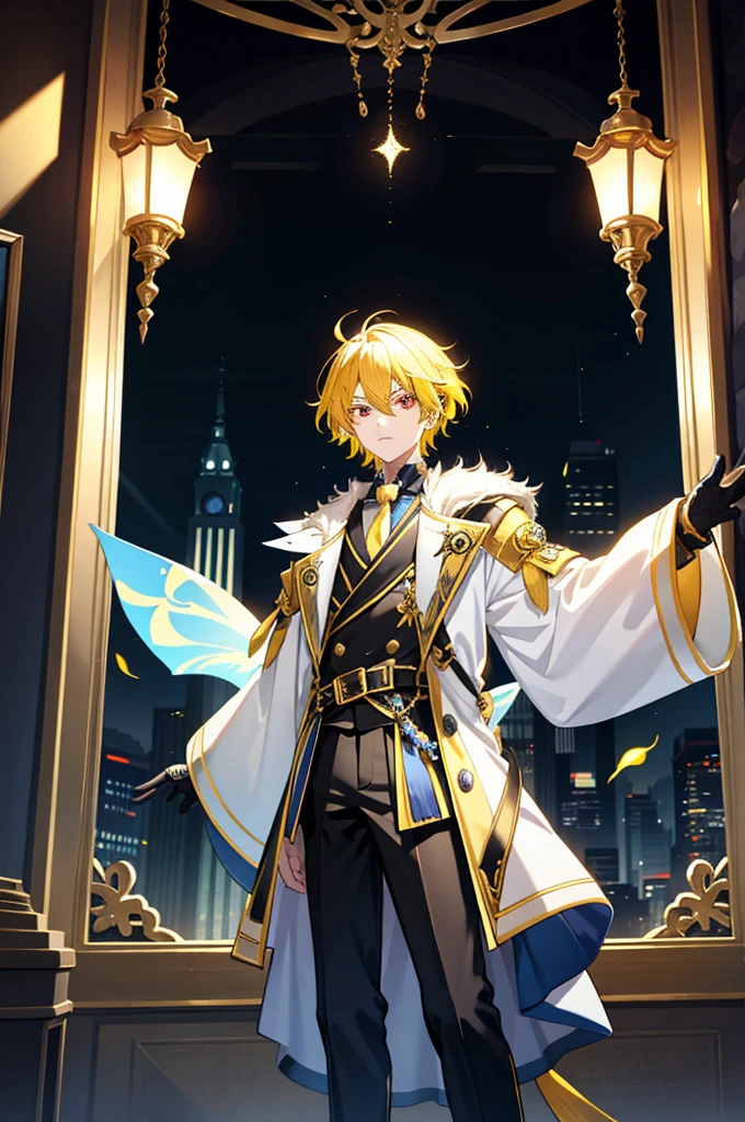 1   boy，cool guy，Yellow-haired，comma hair，Forehead comma hair，fantasy clothes style，Shiny，red eyes，looking at viewert，full body,upper body,dinamic angle,