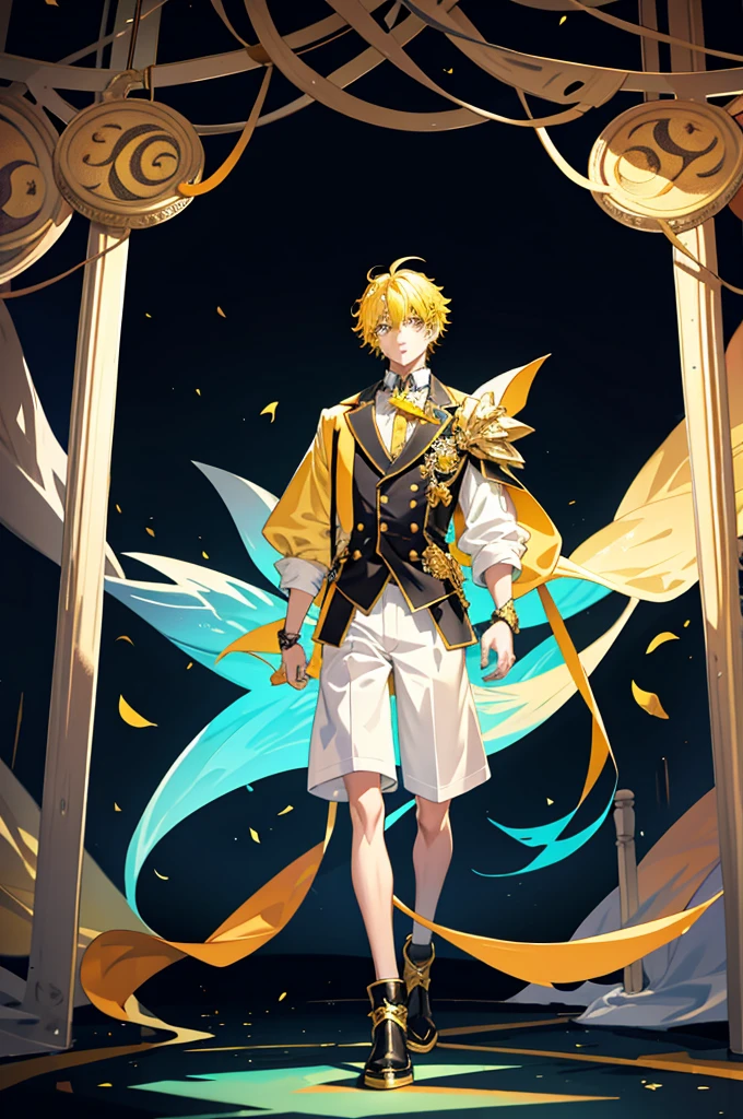 1 boy,cool guy,Yellow-haired,comma hair,Forehead comma hair,fantasy clothes style,Shiny,red eyes,looking at viewert,full body,upper body,dinamic angle,