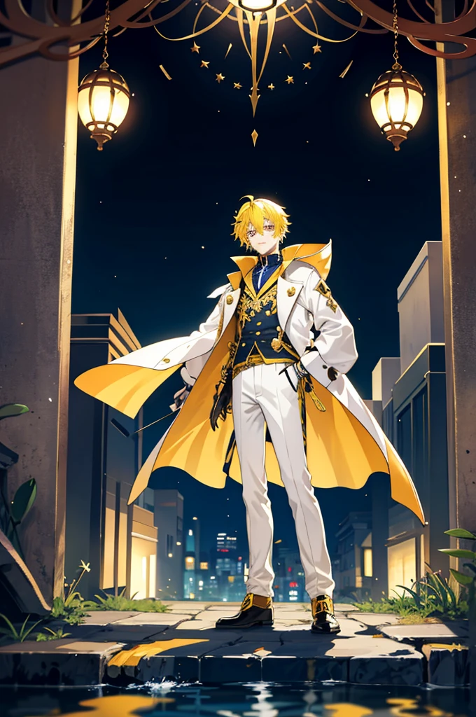 1   boy，cool guy，Yellow-haired，comma hair，Forehead comma hair，fantasy clothes style，Shiny，red eyes，looking at viewert，full body,upper body,dinamic angle,