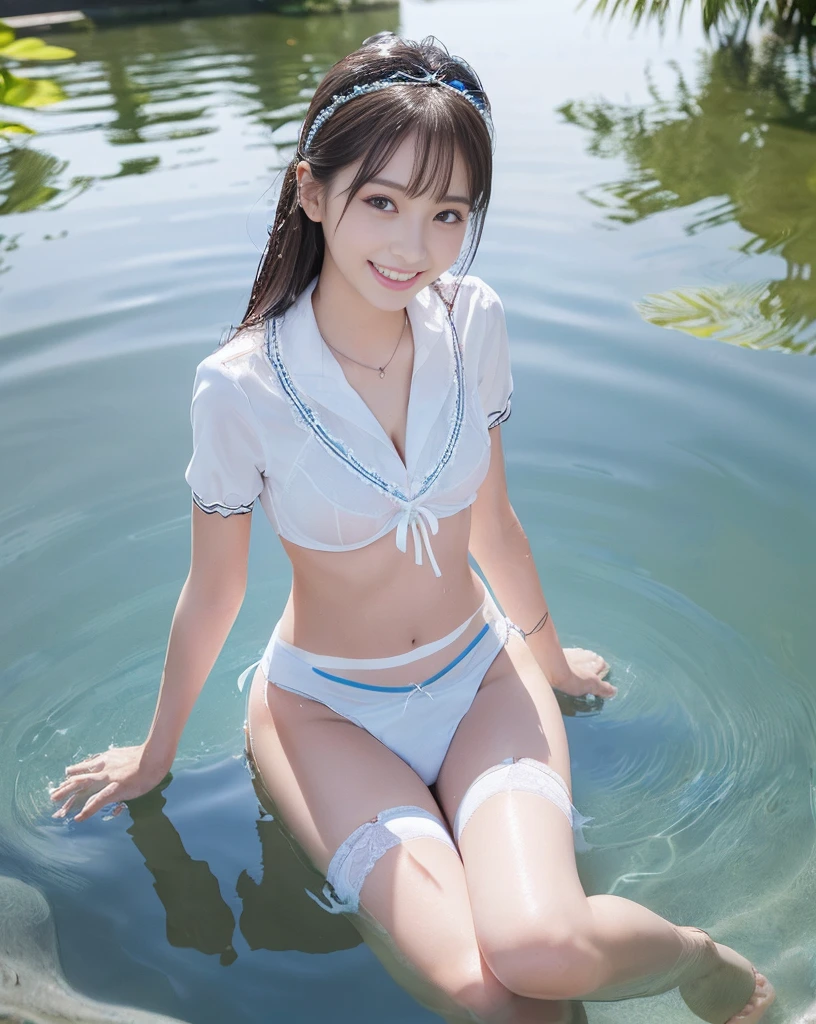 (NFSW)、(High resolution:1.5)、Highest quality,Very detailed,masterpiece,Super detailed,alone,(1 15 year old girl),((Summer School Uniforms:1.5)), Seraphim, ((skirt:1.5)), smile, Thigh fetish images: 1.5、(((barefoot)))、(Her thighs and white bikini reflected in the clear blue water)、(reflected in water:1.5)、((I can see the white string panties:1.5))、(Cleavage)、((Clear blue seawater))、Summer sun、はしゃいだsmile、Beautiful Eyes、(pull-out-lift-panties:1.5)、Big necklace and tiara、The water is marine blue、